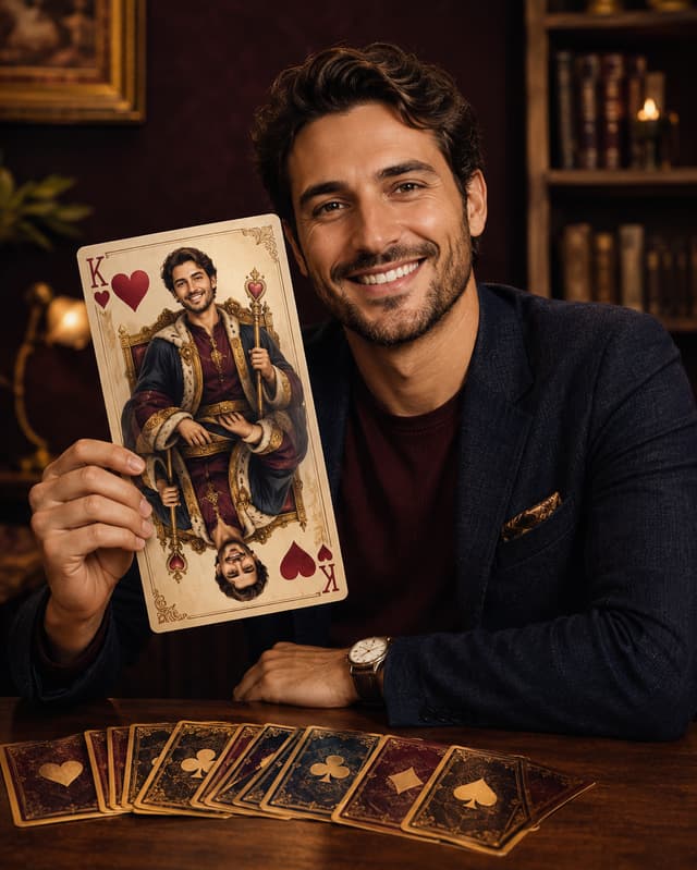 Illustrated personalized trump card held by its subject